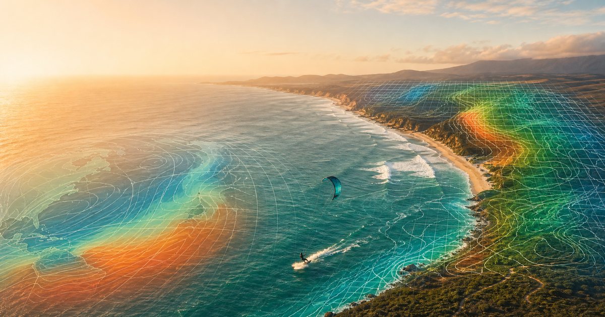 Kitesurfer przy wietrznym wybrzeżu z nałożonymi siatkami modeli pogodowych nad morzem i lądem.