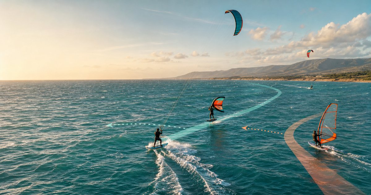 Kiter, wing foiler i windsurfer mijający się bezpiecznie na otwartej wodzie z łukami tras.