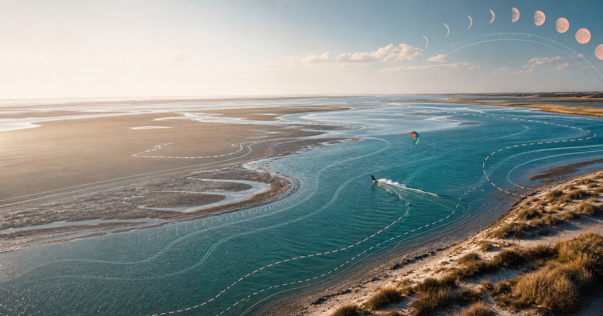 Kitesurfer płynący kanałem pływowym obok odsłoniętych łach, z subtelnymi liniami pływu i fazami księżyca.
