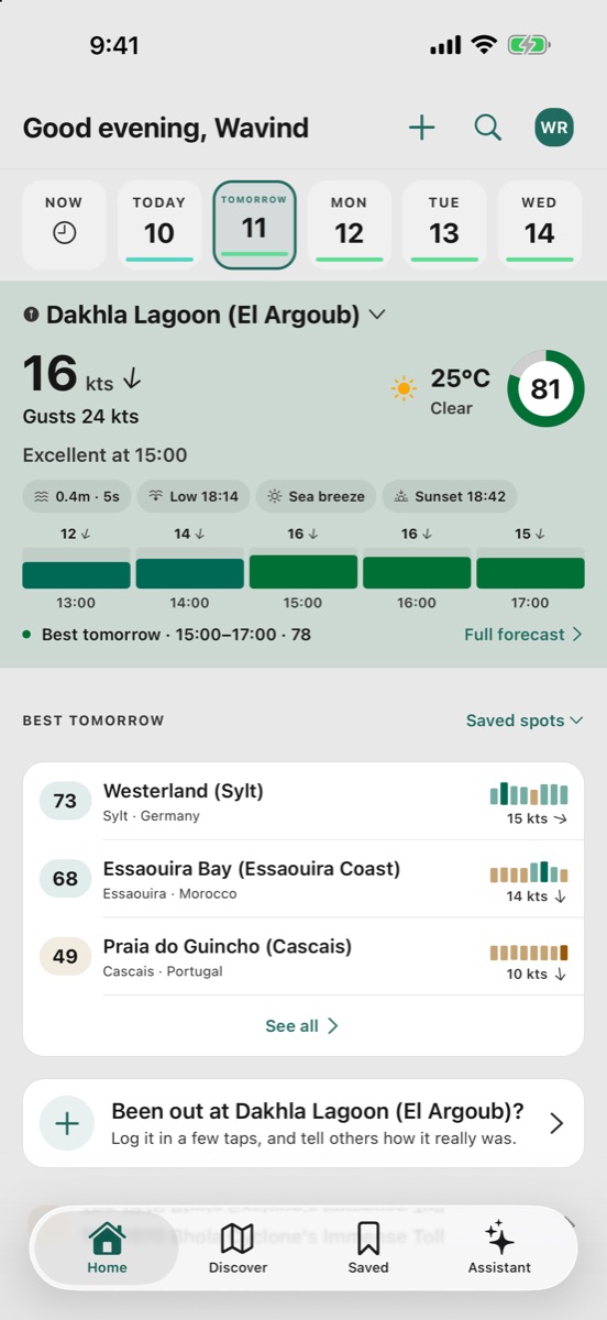 Tela inicial do Wavind no iPhone com Dakhla Lagoon com nota 81 amanhã e os melhores spots do dia