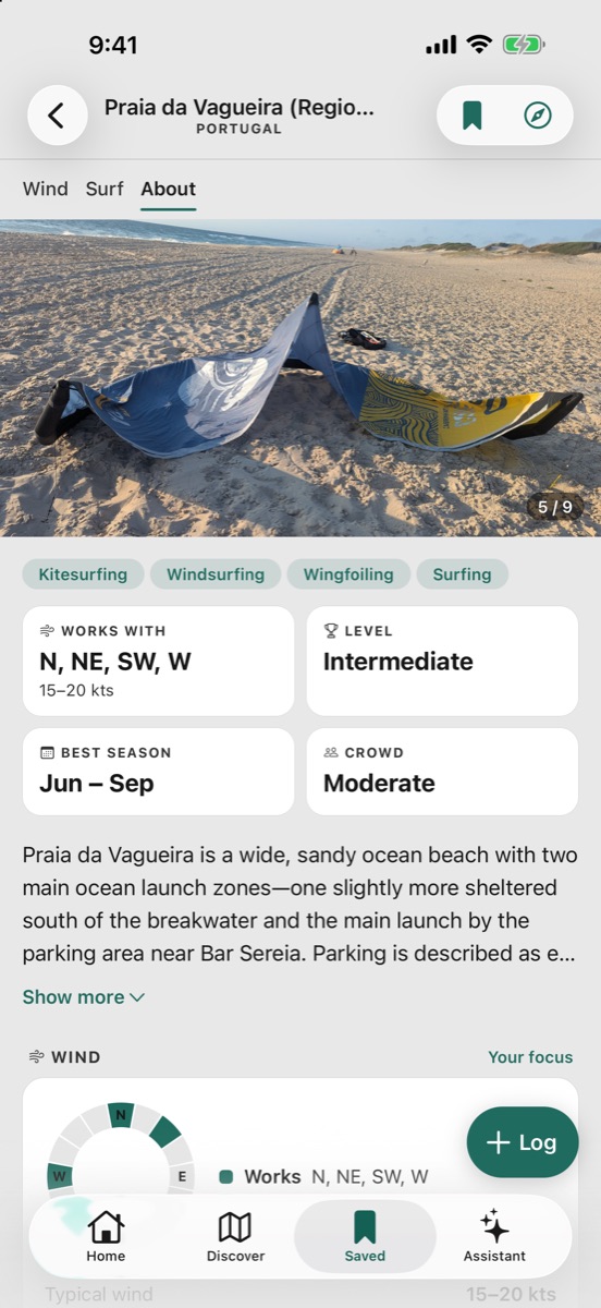 Guia do spot Praia da Vagueira no Wavind para iPhone com esportes, nível, melhor temporada e movimento